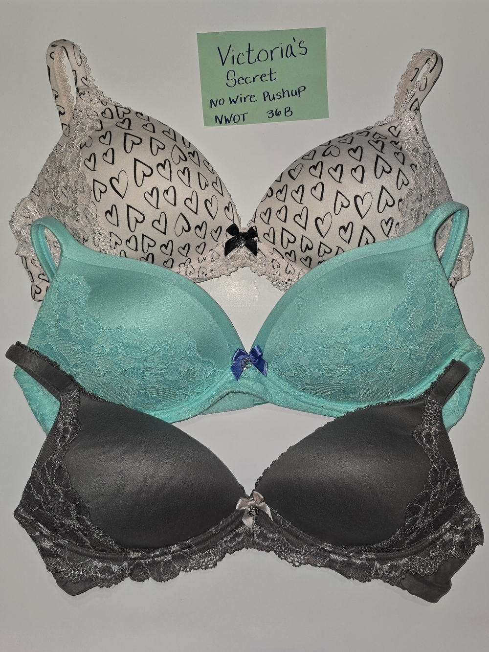Victoria's Secret Bra Trio — Mint, Black, Ivory Heart Print